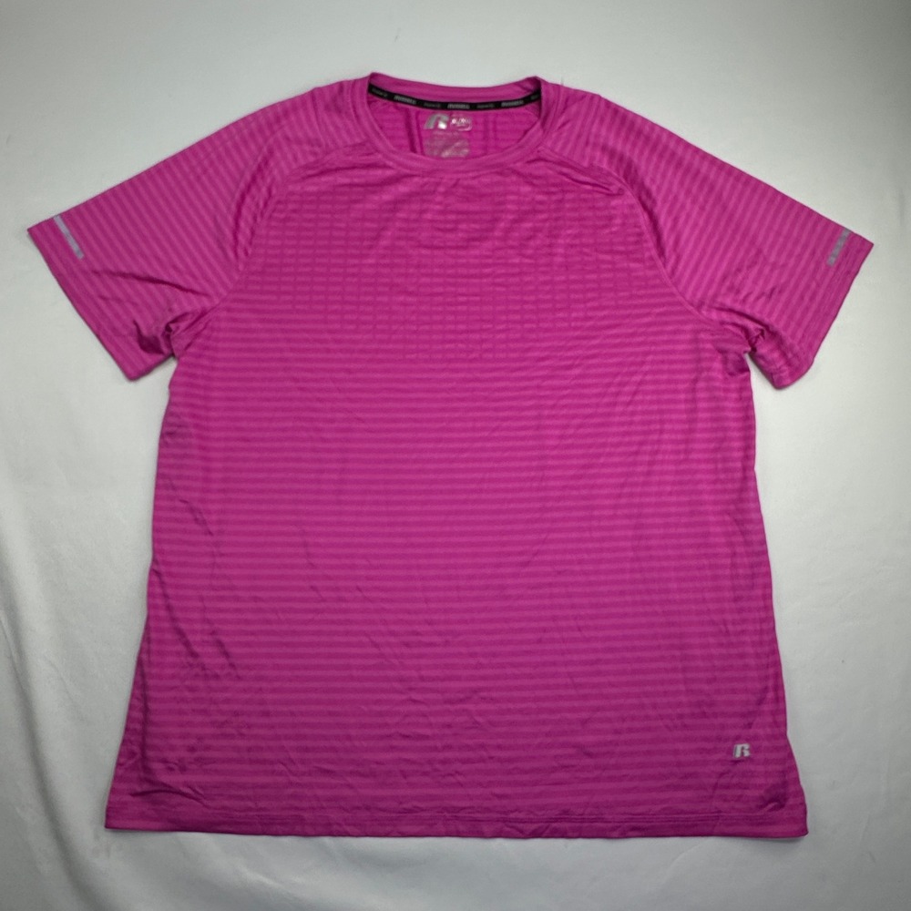 Russell Dri-Power 360 Pink Striped Short Sleeve Athletic Shirt Spandex Blend